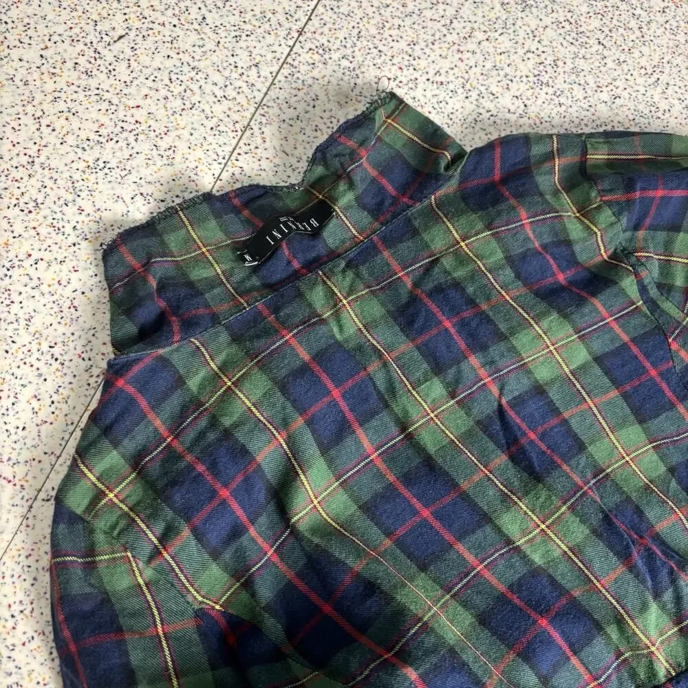 BERNINI Women’s Green Plaid School Yard Mock Collar Top Shirt Punk Emo Alt M